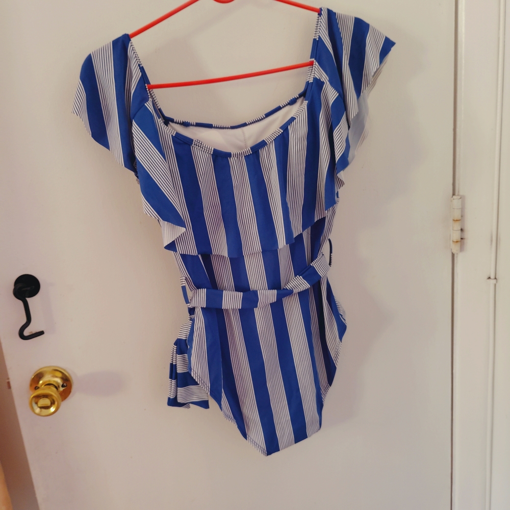Blue and White Striped Ruffle Swimsuit - Picture 2 of 2
